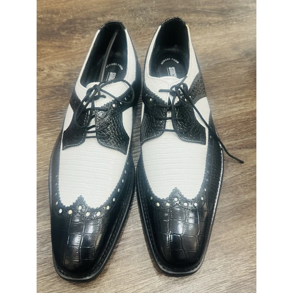 Stacy Adams Mens Black White Crocodile Print Leather Wingtip Oxfords 11M